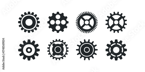 Set of various black gear icons on white background