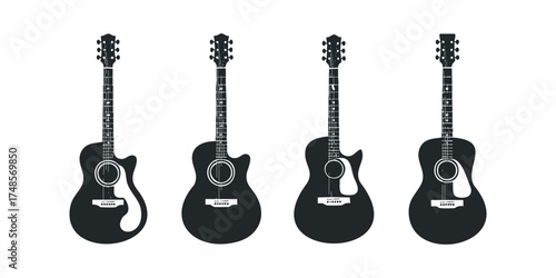 Four Black Silhouette Acoustic Guitars Isolated on White