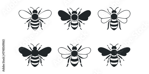 Set of six stylized bee icons in black silhouette