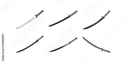 Set of six katana sword icons in black and white