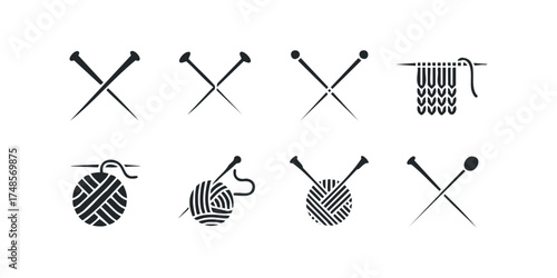 Knitting needles and yarn icons set