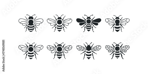 Set of eight stylized bee icons