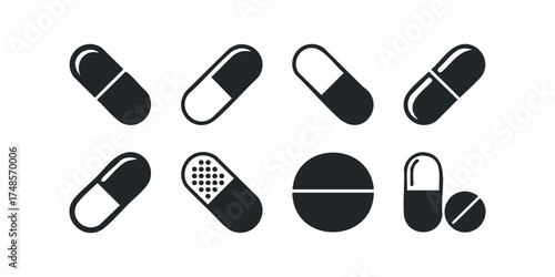 Assortment of medical capsule and pill icons