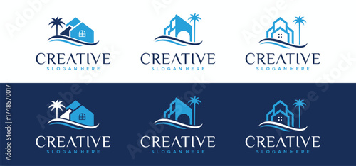 beach house logo design, vector logo of houses and buildings on the coast.