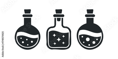Three potion bottles with different liquid contents