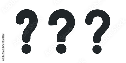 Three black question marks on white background
