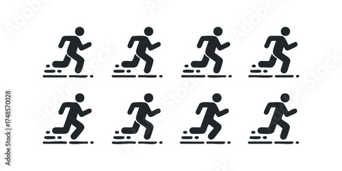 Eight running person icons in motion lines