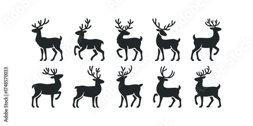 Collection of ten black deer silhouettes on white background