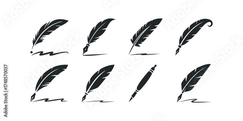 Set of Quill Pens Writing on White Background