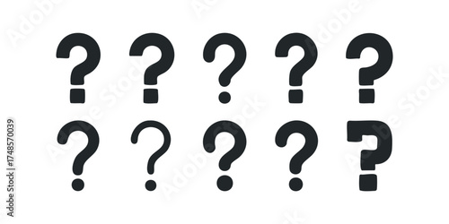 Ten black question marks in two rows