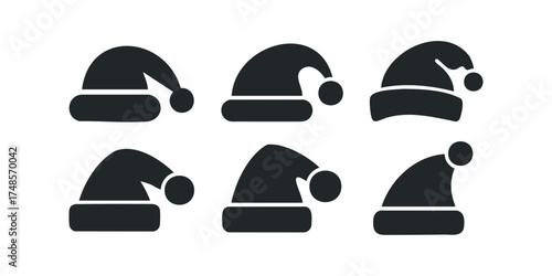 Six black Santa hat icons on white background