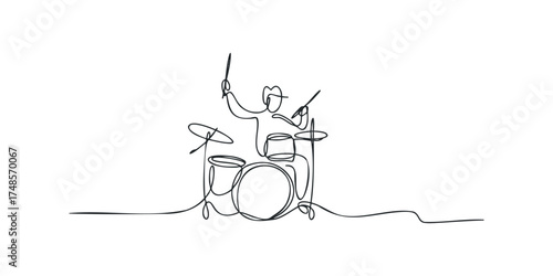 Abstract drummer performing with drum set in continuous line style