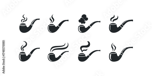 Collection of stylized tobacco pipe icons with smoke plumes
