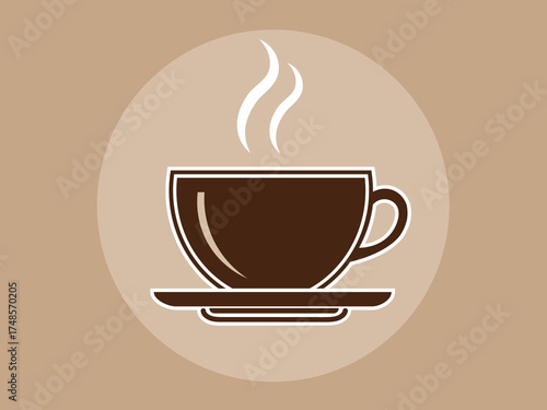 A simple, stylized illustration of a steaming cup of coffee on a saucer, presented in a warm, muted color palette, evoking a sense of comfort and warmth