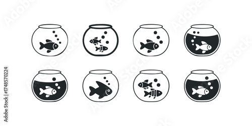 Set of stylized goldfish in bowls with bubbles