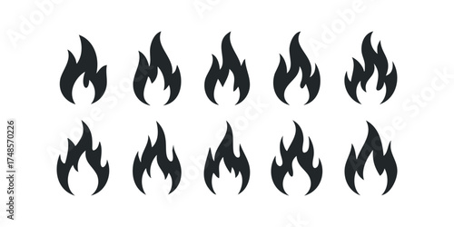 Set of ten black flame icons on white background