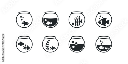Eight simple icons of fishbowls with various fish and aquatic elements