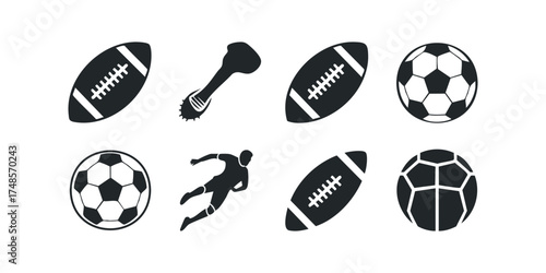 Collection of black sport ball icons and athlete silhouette