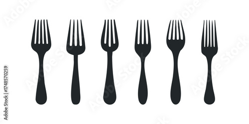 Six Black Forks Arranged in a Row on White Background