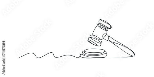 Single line drawing of a judge's gavel on a sounding block