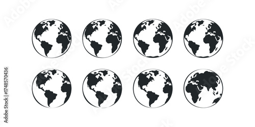Eight Planet Globes with Continents Outline
