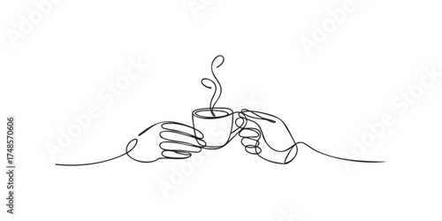 Line art hands holding steaming coffee cup