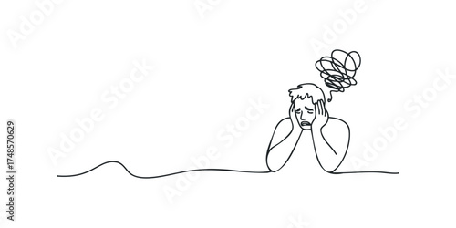 Person holding head in distress with scribbled thoughts