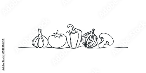Continuous Line Drawing of Assorted Vegetables on White Background