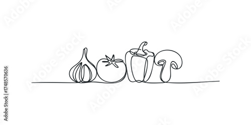 Line drawing of garlic, tomato, bell pepper, and mushroom