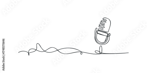 Continuous line drawing of a vintage microphone and sound wave