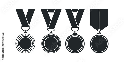 Collection of four black and white medal icons with ribbons