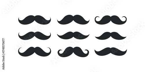 Nine Black Mustache Icons on White Background