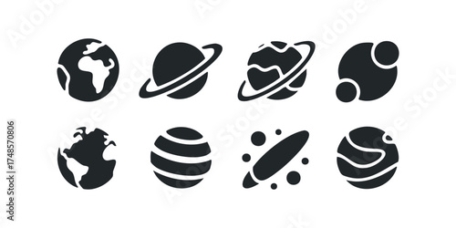 Eight Silhouette Icons Representing Celestial Bodies