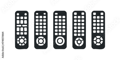 Five black remote control icons lined up side by side