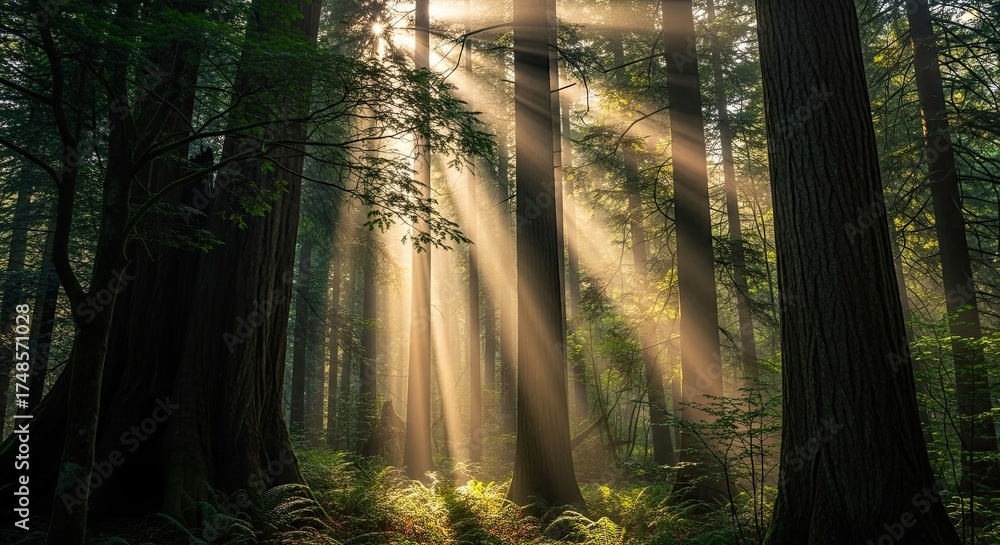 Obraz premium Sunlight beams through the trees in a serene forest