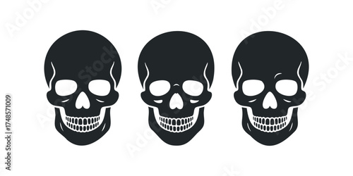 Three black skull icons on white background