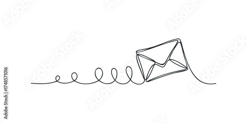 Single line drawing of an envelope attached to a coiled spring