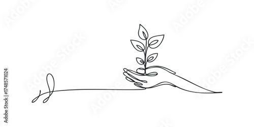 Hands cradle growing plant seedling in minimalist line art