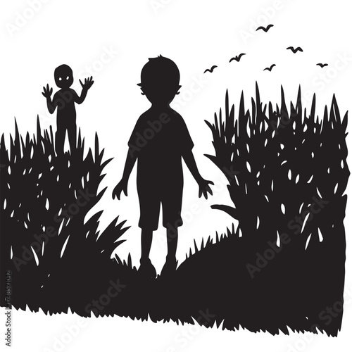 Silhouette of a boy standing in a field with a mysterious figure