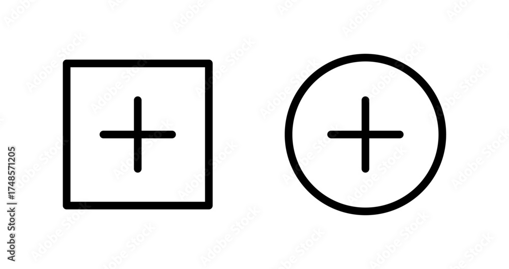 Obraz premium Add icons set, square and circle plus sign outline symbols, Add button set, Vector illustration.