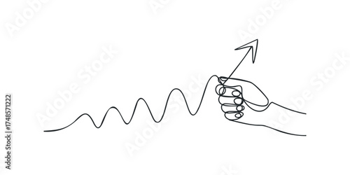 Hand holding rising graph arrow in continuous line