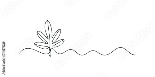 Single line drawing of a delicate leaf on a wavy ground