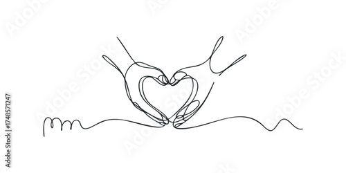 Abstract continuous line drawing forming a heart shape with hands