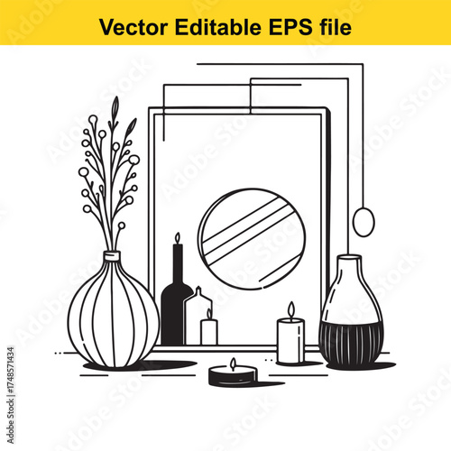 Vector art of still life composition with vases, candles, and a mirror, creating a serene atmosphere