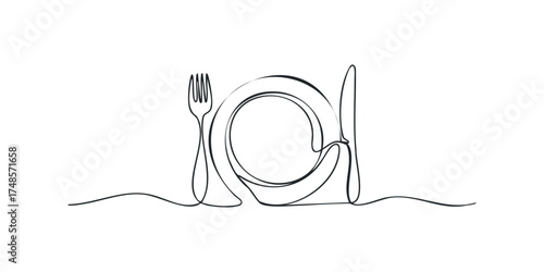 Single Line Drawing of Plate and Cutlery