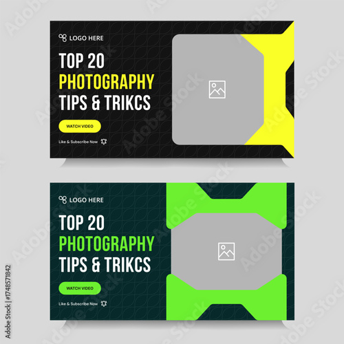 Multipurpose photography tips and tricks video thumbnail banner design, daily photography techniques video set cover banner design, fully customizable vector eps 10 file format