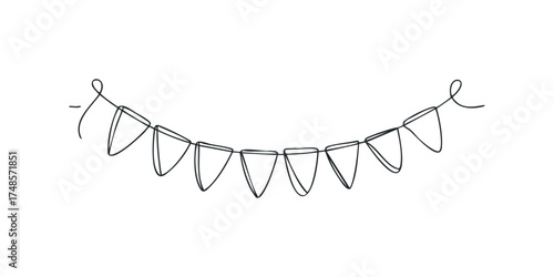 Minimalist single line drawing of a festive garland with triangular pennants