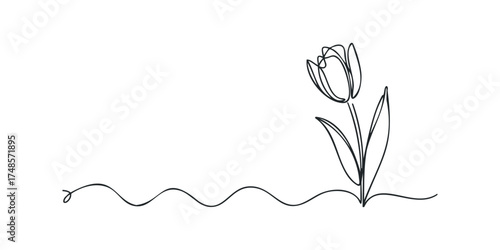 Single line drawing of a tulip and wavy ground