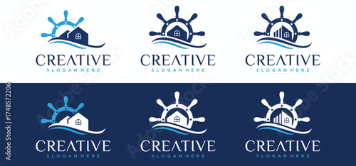 beach house logo design, vector logo of houses and buildings on the coast.