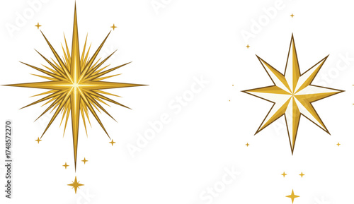 Flat vector golden star illustration, radiant celestial design, decorative symmetrical artwork, holiday themed graphic, elegant geometric sunburst pattern concept